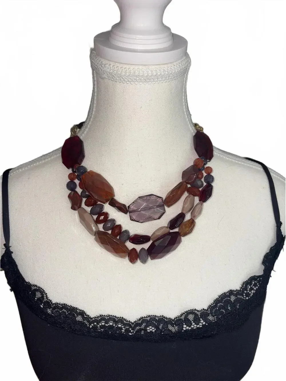 Multistrand Brown and Purple Beaded Statement Necklace